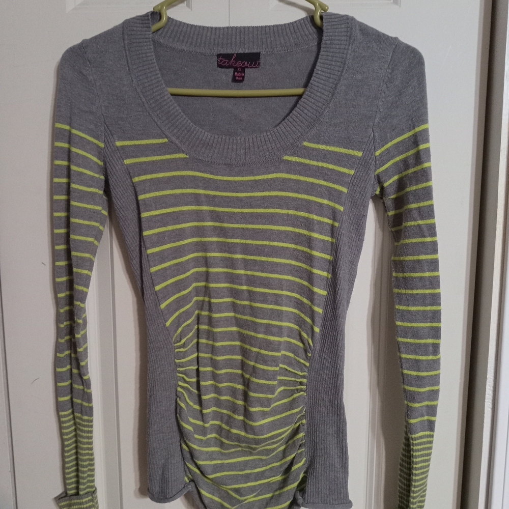 Takeout Women's Top with Gray and Green Stripes